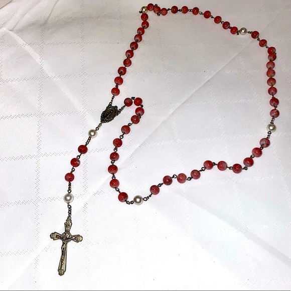 Italian Made Jewelry - Italian Made Rose Pink & Pearl Intricate Rosary